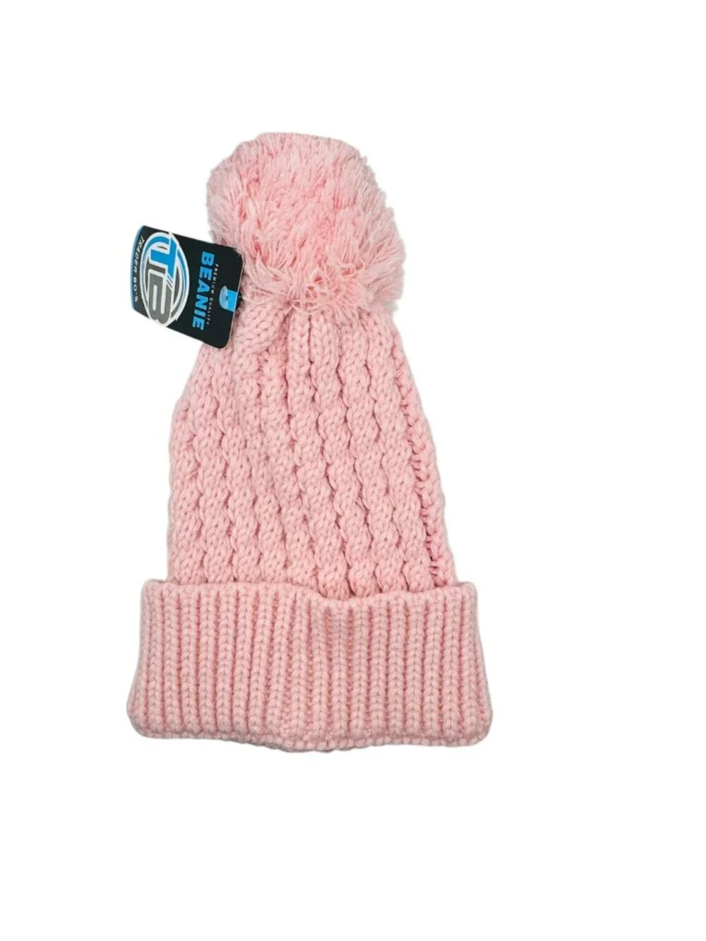 Pink Knit Pom Beanie Hat With Folded Cuff - 100% Acrylic - Made In China